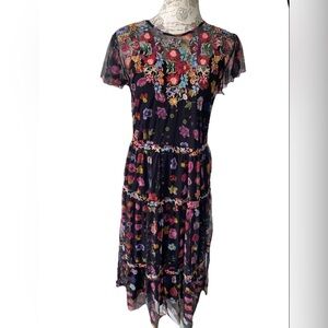 Johnny Was Rheia Mesh Midi Tiered Dress Embroidery Black Floral Multi XS  NWT